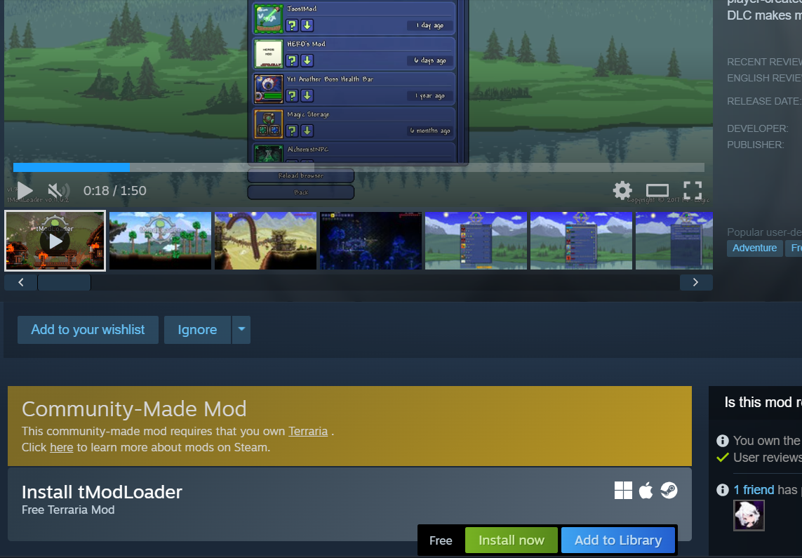 Steam search for tModLoader
